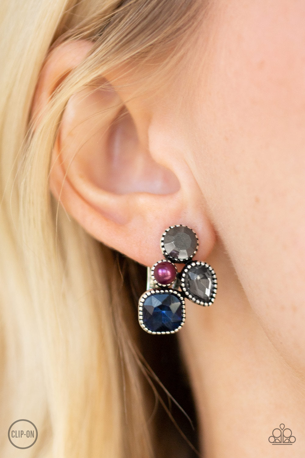 SUPER SUPERSTAR - MULTI PURPLE PEARL HEMATITE CLEAR BLUE SAPPHIRE RHINESTONES DAINTY POST EARRINGS