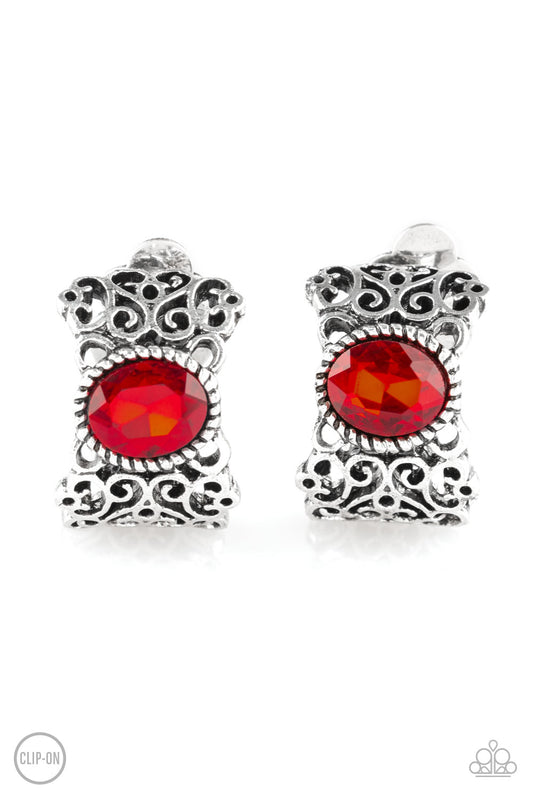 GLAMOROUSLY GRAND DUCHESS - RED RUBY RHINESTONE SILVER FILIGREE FRAME CLIP-ON EARRIGNS
