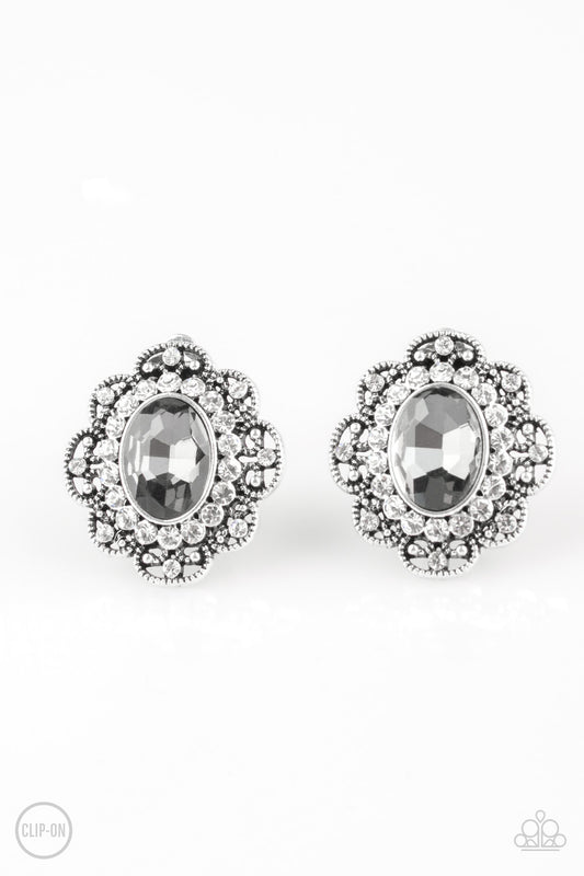 DINE AND DAPPER - SILVER BLACK DIAMOND RHINESTONE OVAL CLIP ON EARRINGS