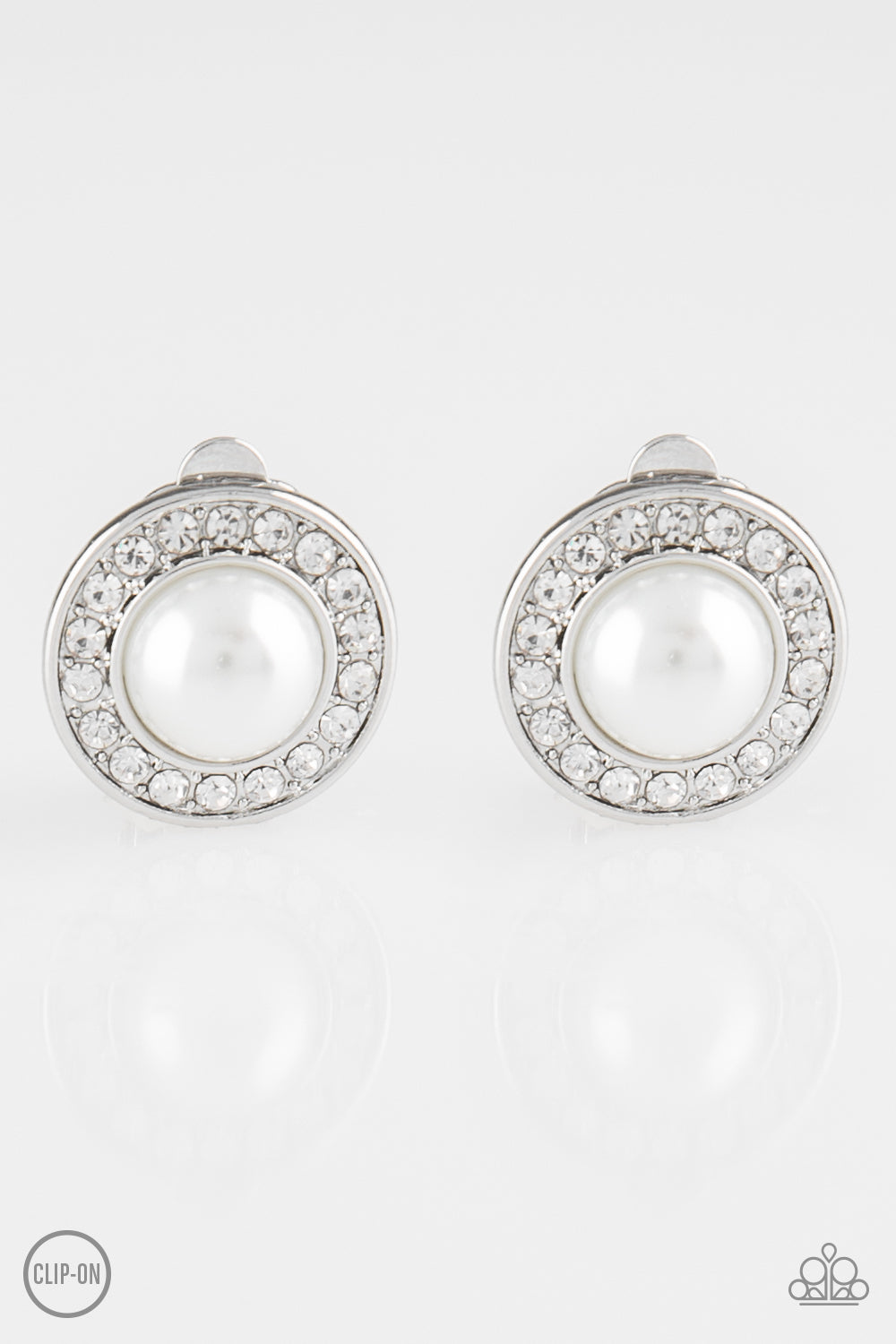 DEFINITELY DAPPER - WHITE PEARL CLEAR RHINESTONES SILVER ROUND FRAME CLIP ON EARRINGS
