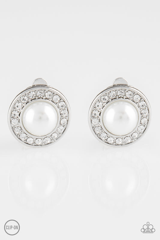 DEFINITELY DAPPER - WHITE PEARL CLEAR RHINESTONES SILVER ROUND FRAME CLIP ON EARRINGS