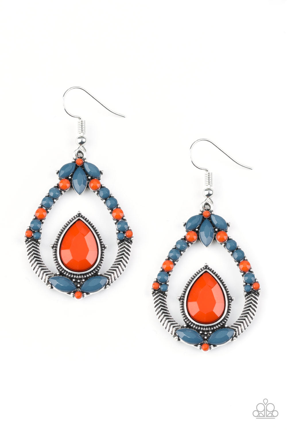 VOGUE VOYAGER - MULTI BLUE ORANGE TEXTURED SILVER TEARDROP EARRINGS