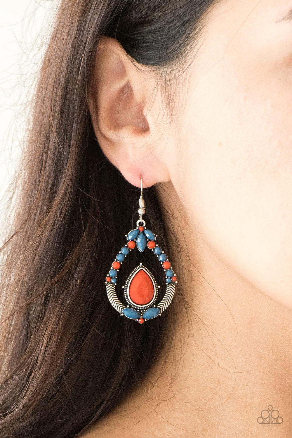 VOGUE VOYAGER - MULTI BLUE ORANGE TEXTURED SILVER TEARDROP EARRINGS