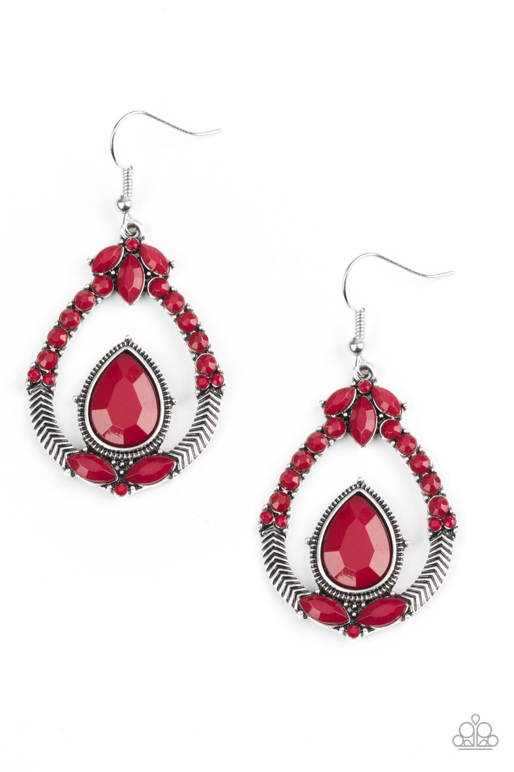 VOGUE VOYAGER - RED BEADS TEXTURED SILVER TEARDROP EARRINGS