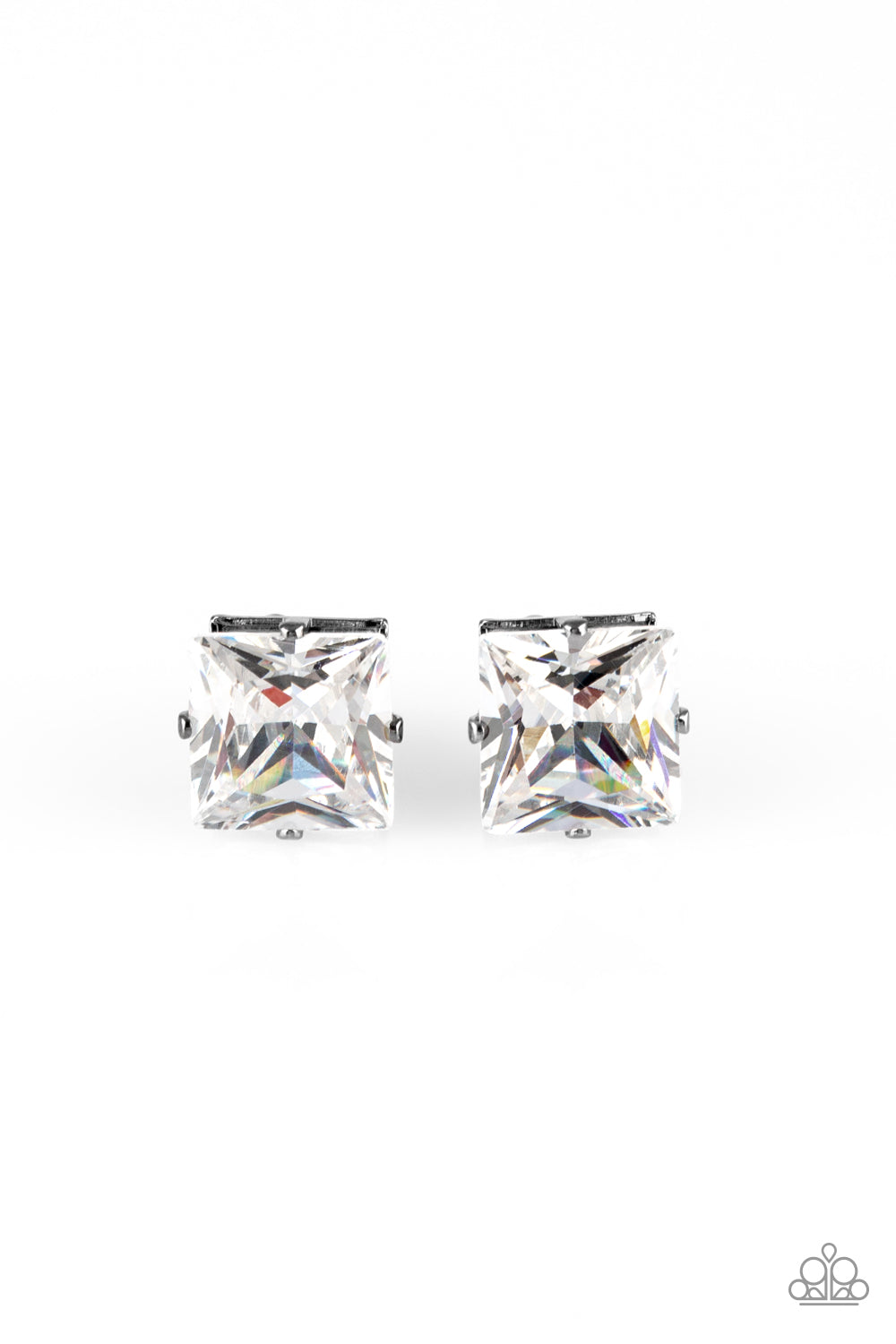 PRIMA DONNA DRAMA - BLACK METAL BOLD PRINCESS CUT CLEAR RHINESTONE POST EARRINGS