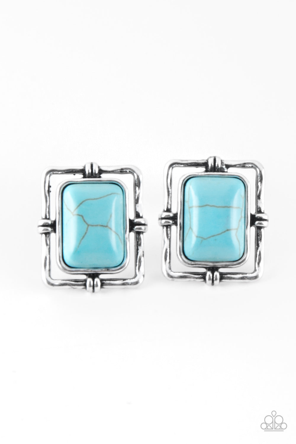 CENTER STAGECOACH - BLUE TURQUOISE RECTANGLE SILVER FRAME EARRINGS