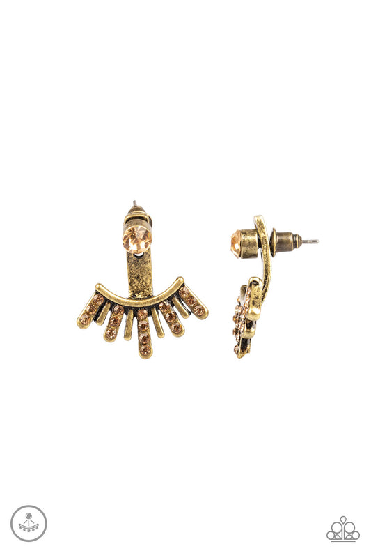 DIVA DYNAMITE - BRASS TOPAZ RHINESTONES DOUBLE POST EAR JACKET EARRINGS