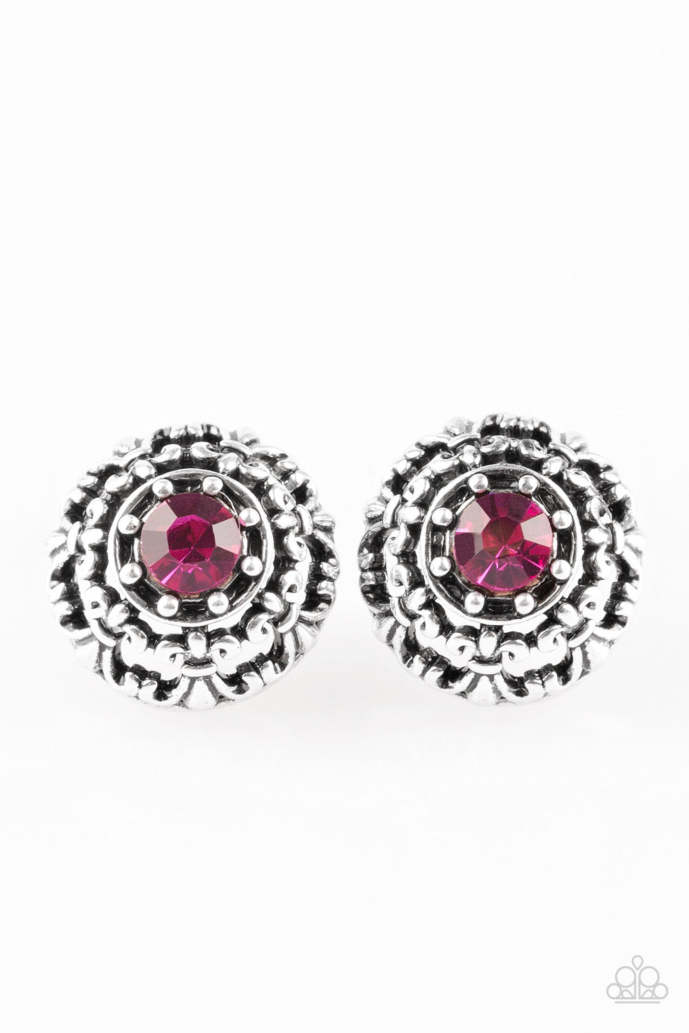 COURTLY COURTLINESS - PINK RHINESTONE SOLITAIRE SILVER FILIGREE FRAME POST EARRINGS