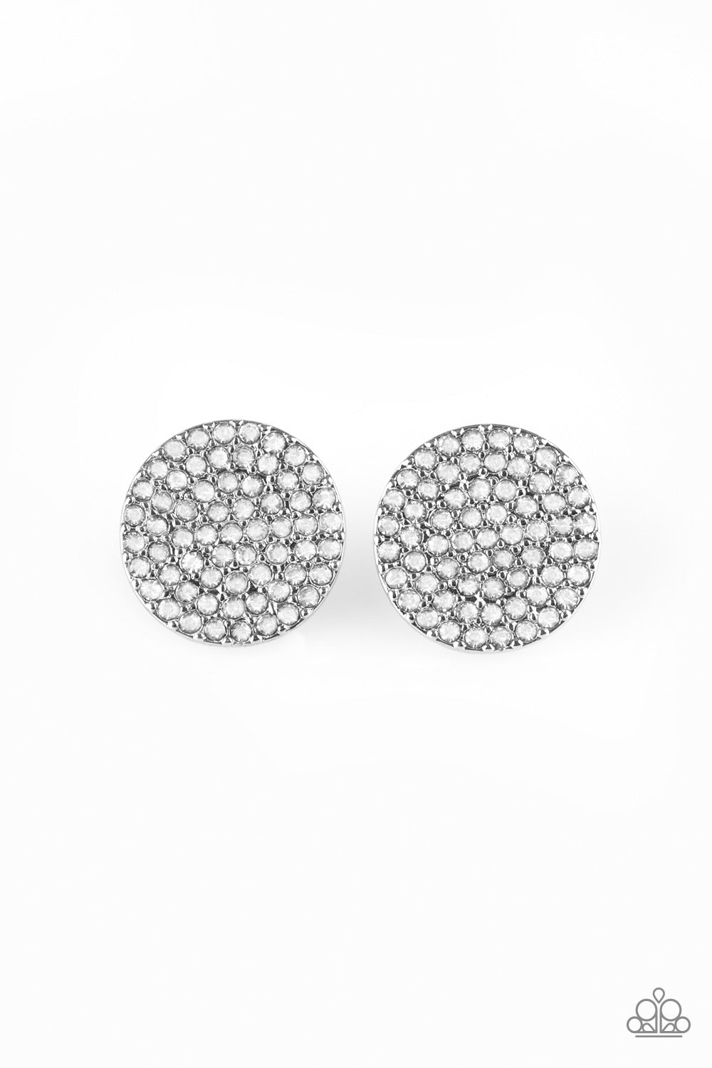 RADIANT RIPPLES - WHITE RHINESTONE ENCRUSTED SILVER FLAT ROUND POST EARRINGS