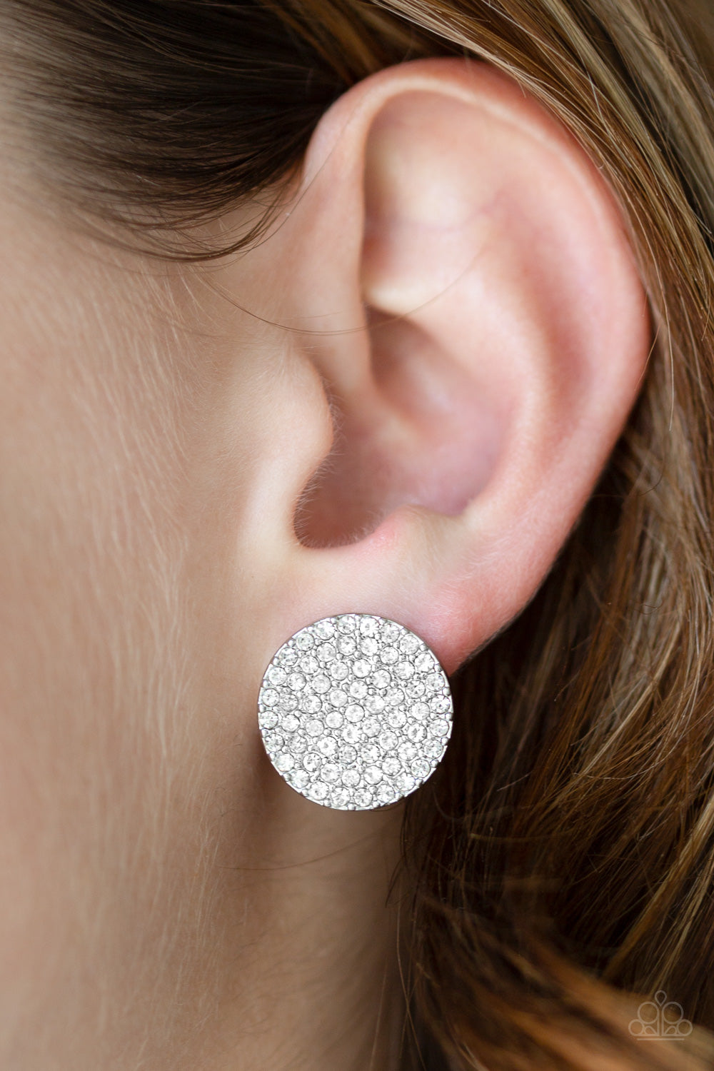 RADIANT RIPPLES - WHITE RHINESTONE ENCRUSTED SILVER FLAT ROUND POST EARRINGS