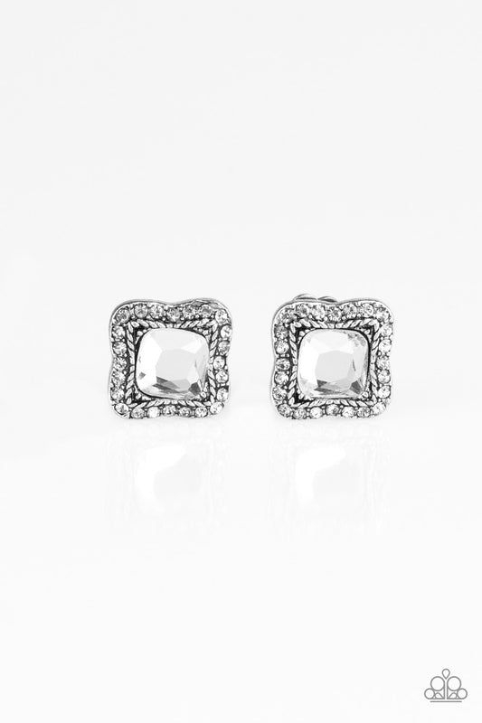 ROYAL FANDOM - WHITE RHINESTONES ROUND SQUARE FRAME CLIPON EARRINGS