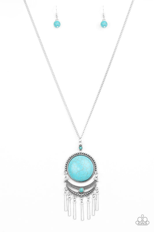 RURAL RUSTLER - BLUE TUQUOISE CIRCLE SILVER FRINGE NECKLACE