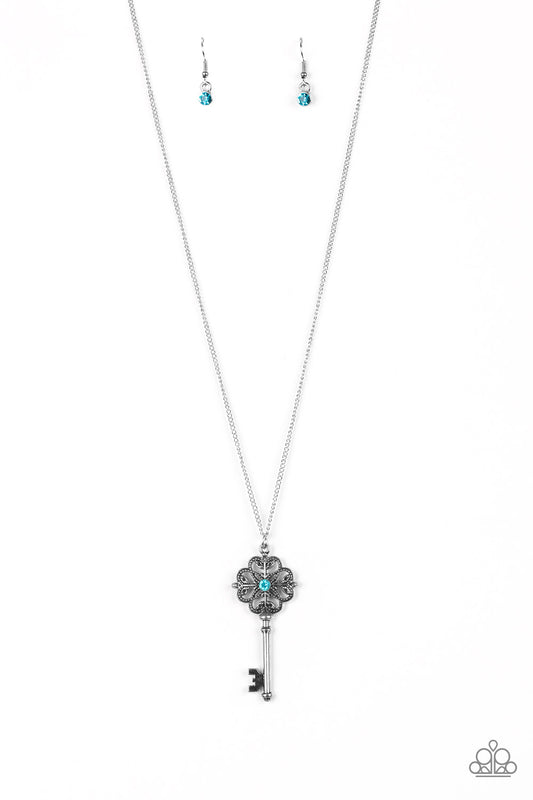 GOT IT ON LOCK - BLUE AQUAMARINE RHINESTONE SKELETON KEY NECKLACE