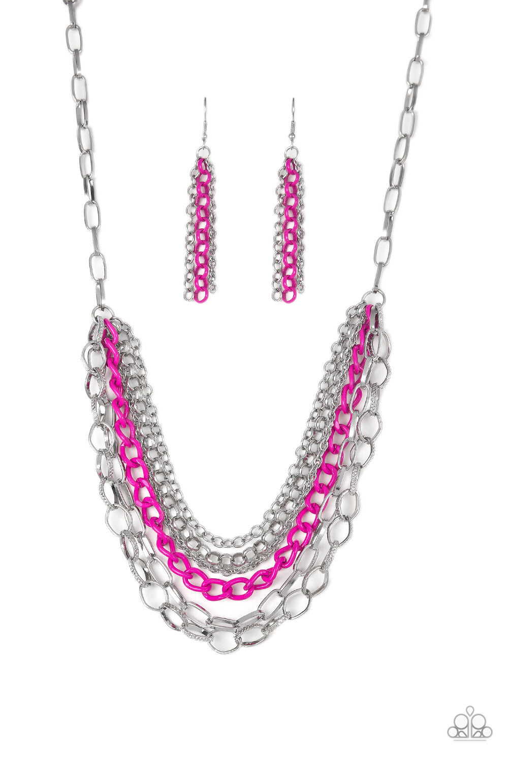 COLOR BOMB - PINK AND SILVER MULTI CHAIN INDUSTRIAL NECKLACE