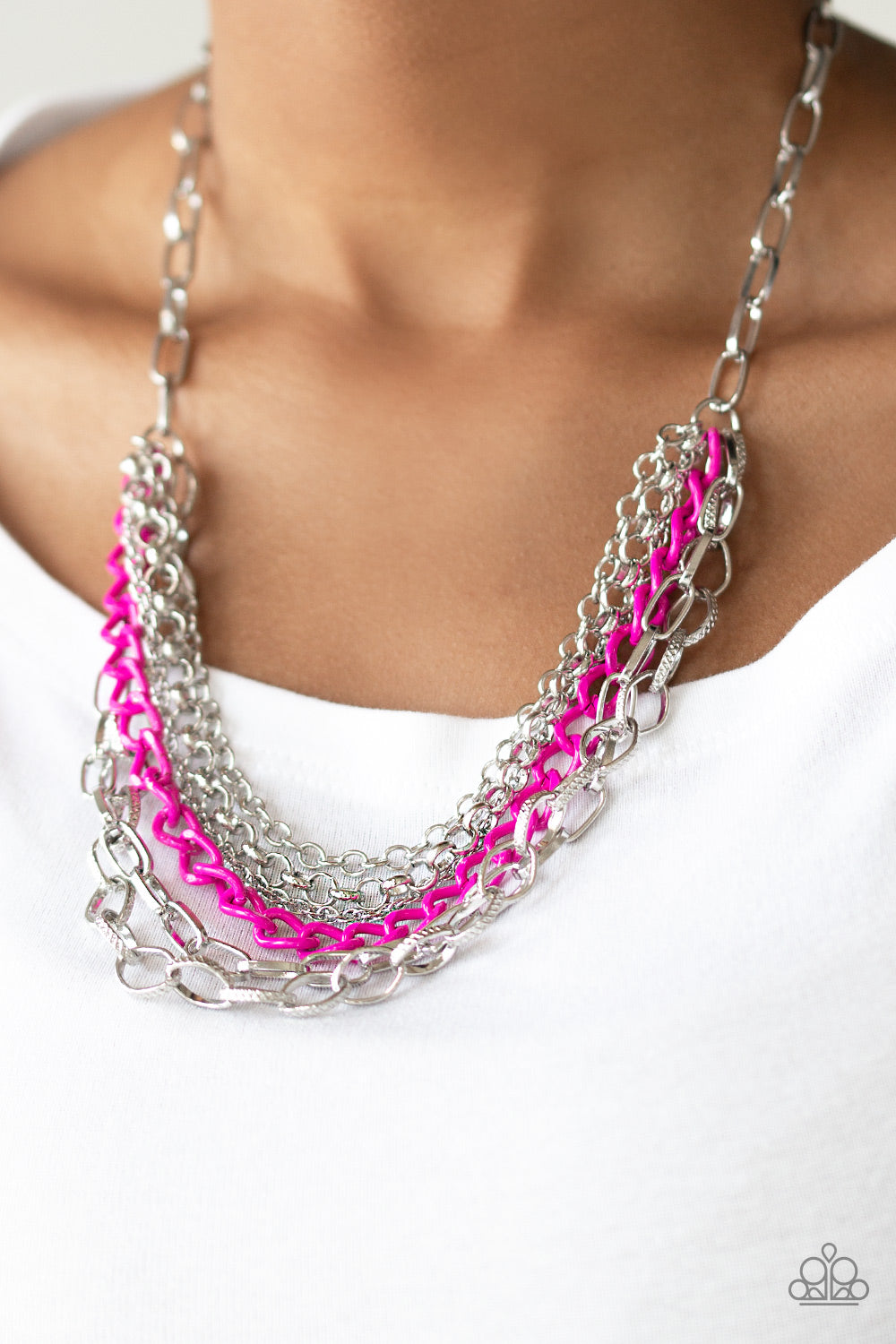 COLOR BOMB - PINK AND SILVER MULTI CHAIN INDUSTRIAL NECKLACE
