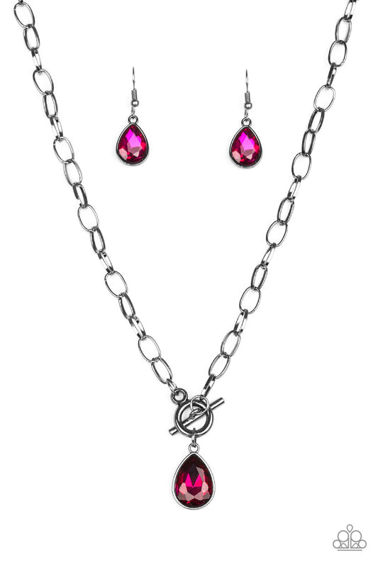 SO SORORITY - PINK TEARDROP RHINESTONE TOGGLE NECKLACE