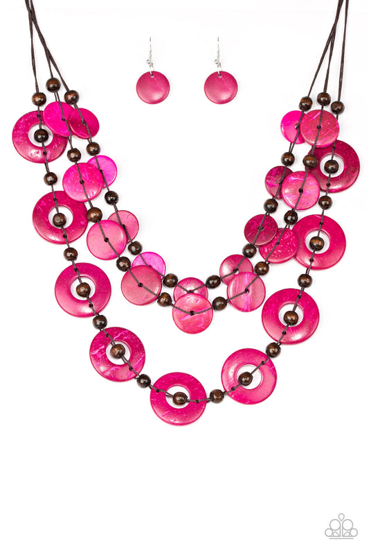 CATALINA COASTIN - PINK AND BROWN WOODEN CIRCLES MULTI LAYER NECKLACE