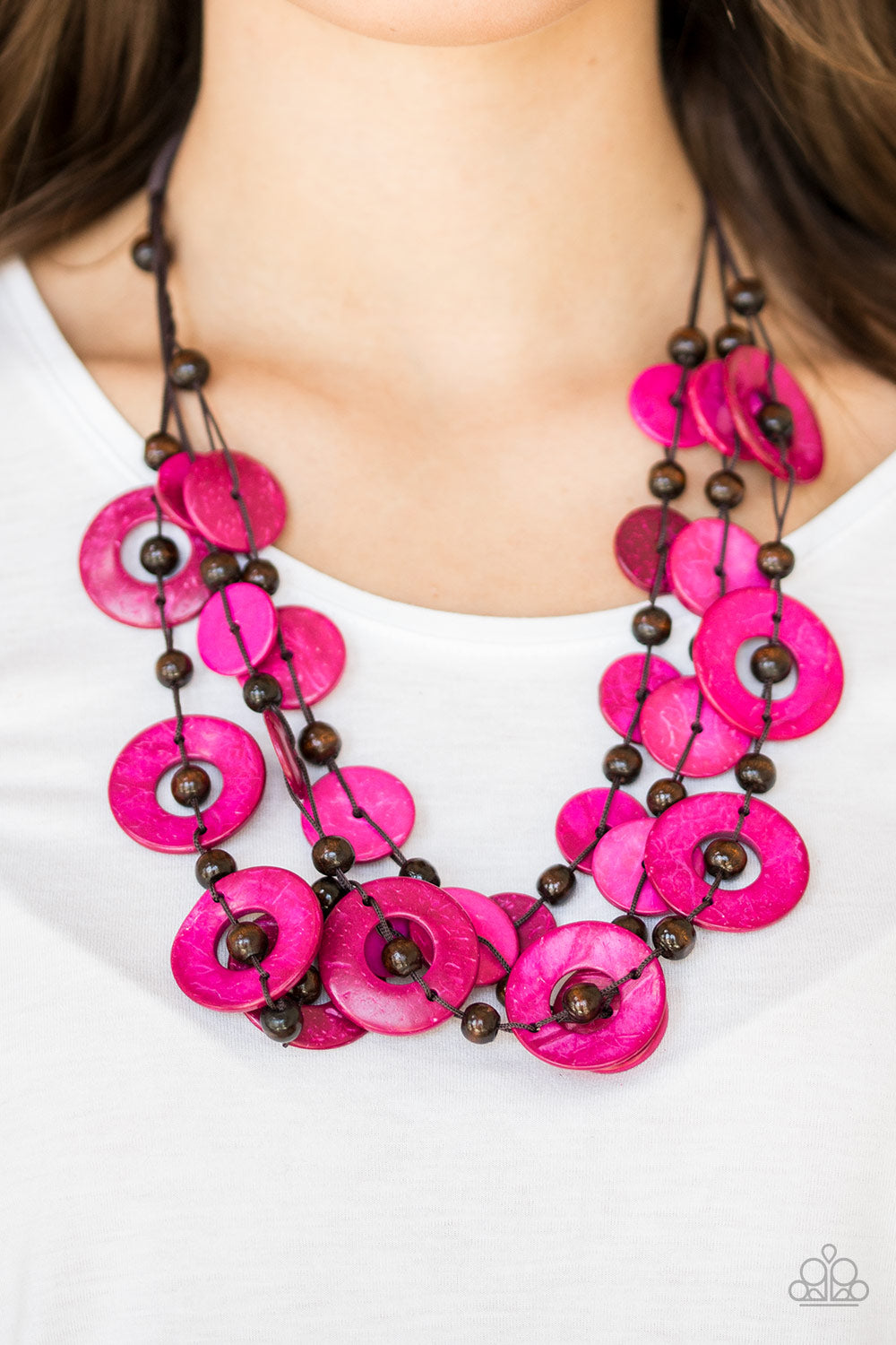 CATALINA COASTIN - PINK AND BROWN WOODEN CIRCLES MULTI LAYER NECKLACE