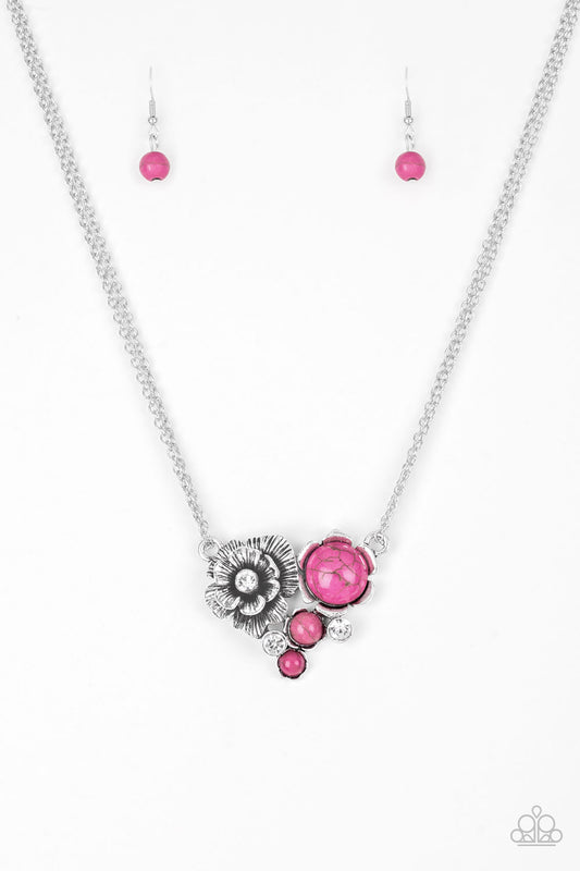 DESERT HARVEST - PINK CRACKLE STONE SILVER FLOWER RHINESTONE NECKLACE