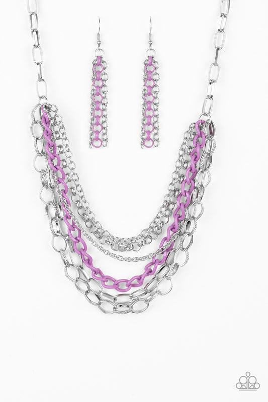 COLOR BOMB - PURPLE AND SILVER MULTI CHAIN INDUSTRIAL NECKLACE