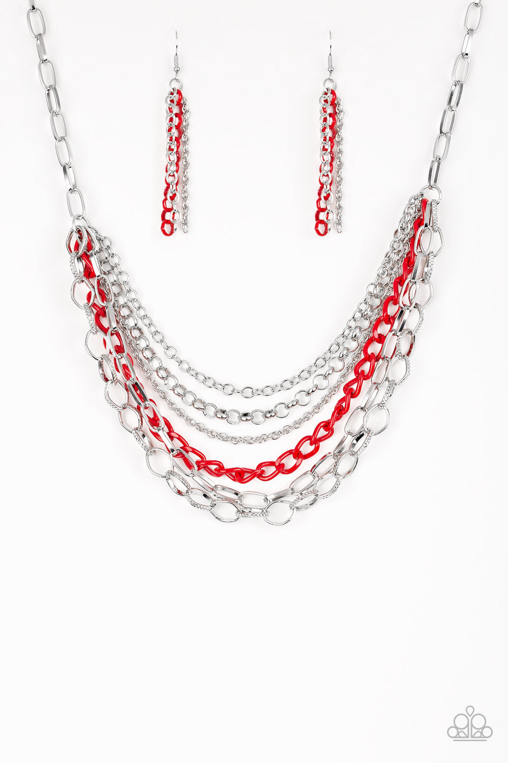 COLOR BOMB - RED AND SILVER MULTI CHAIN INDUSTRIAL NECKLACE