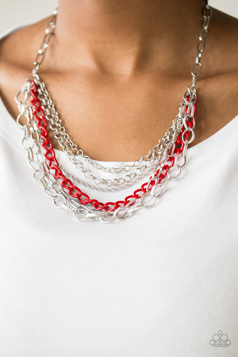 COLOR BOMB - RED AND SILVER MULTI CHAIN INDUSTRIAL NECKLACE