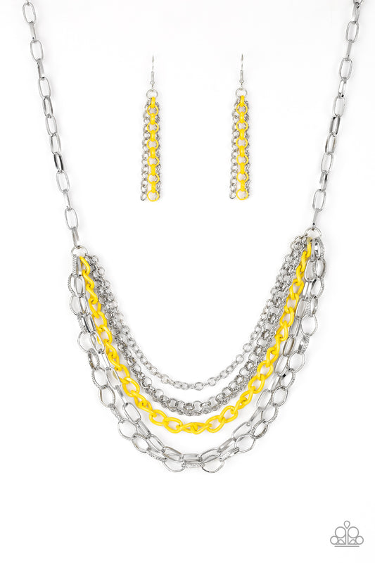 COLOR BOMB - YELLOW AND SILVER MULTI CHAIN INDUSTRIAL NECKLACE