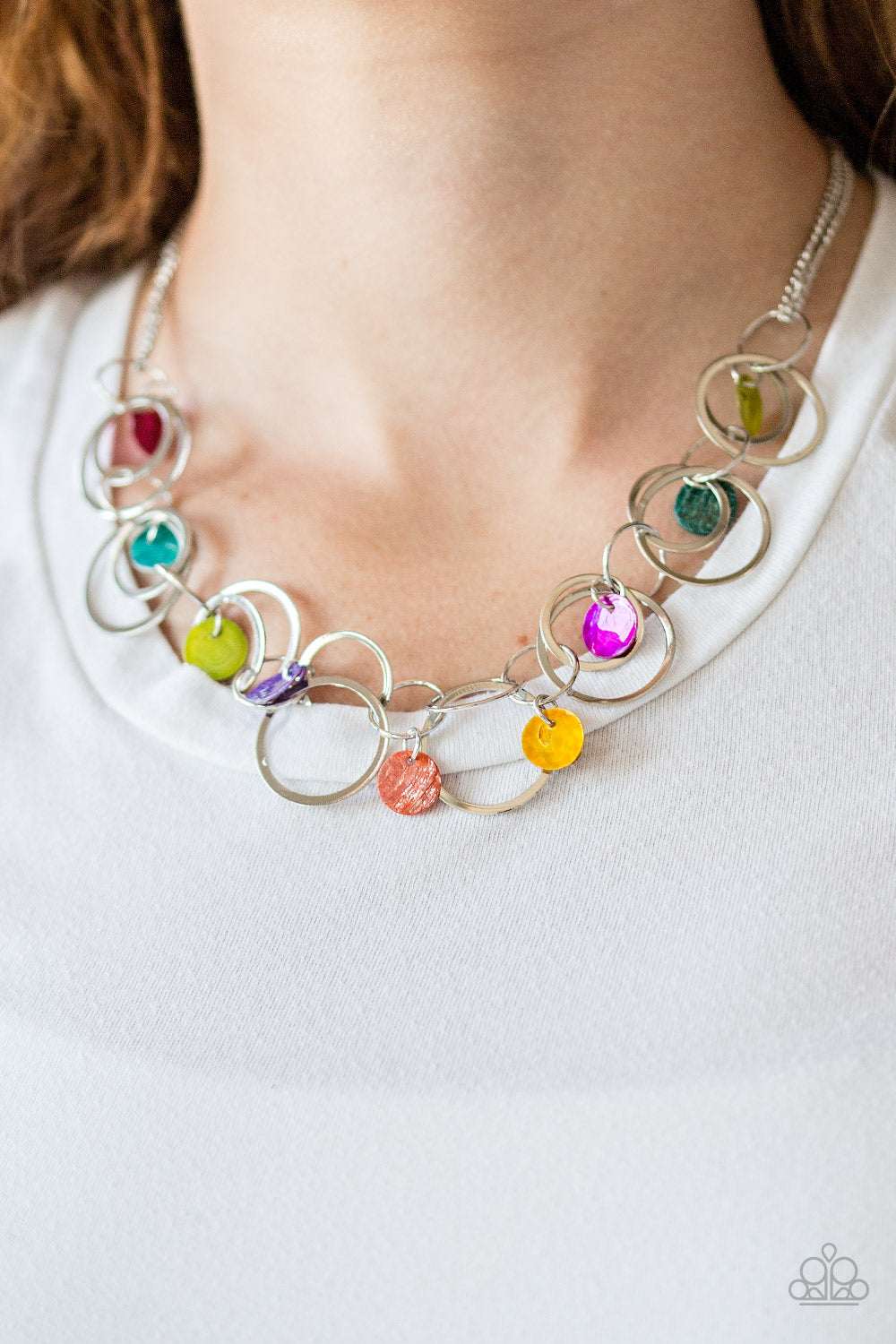 A HOT SHELL-ER - MULTI SHELL MOTHER OF PEARL DISCS SILVER HOOPS NECKLACE