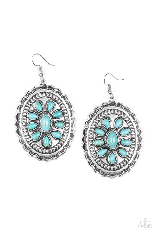 ABSOLUTELY APOTHECARY - BLUE TURQUOISE OVALS SILVER SCALLOPED FRAME FLORAL EARRINGS