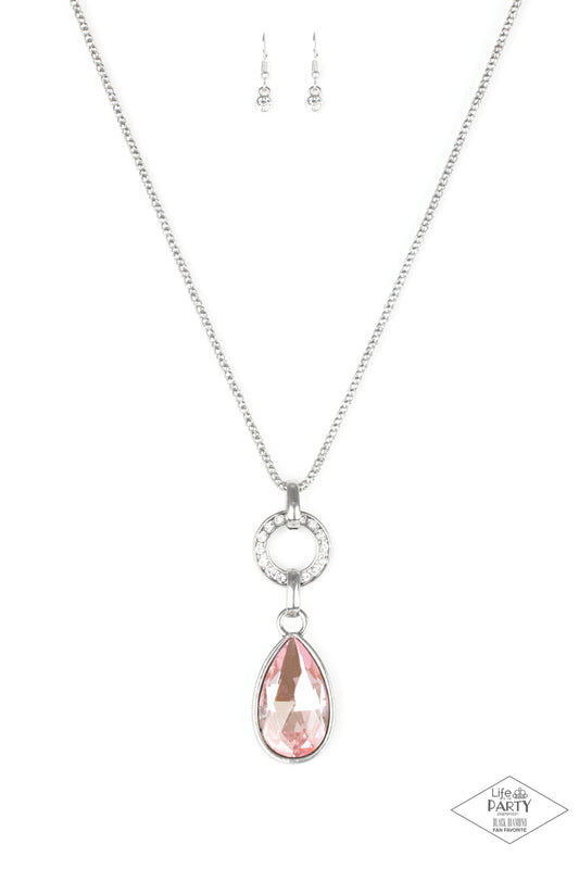 LOOKIN LIKE A MILLION - PINK DIAMOND TEARDROP RHINESTONE LONG SILVER NECKLACE