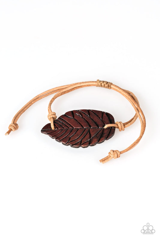FOREST FORAGER - BROWN WOODEN LEAF DRAW STRING PULL CORD BRACELET