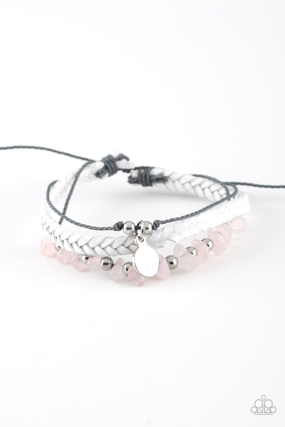 A PEACE OF WORK - PINK ROSE QUARTZ SILVER CHARM WHITE BRAIDED DRAW STRING BRACELET