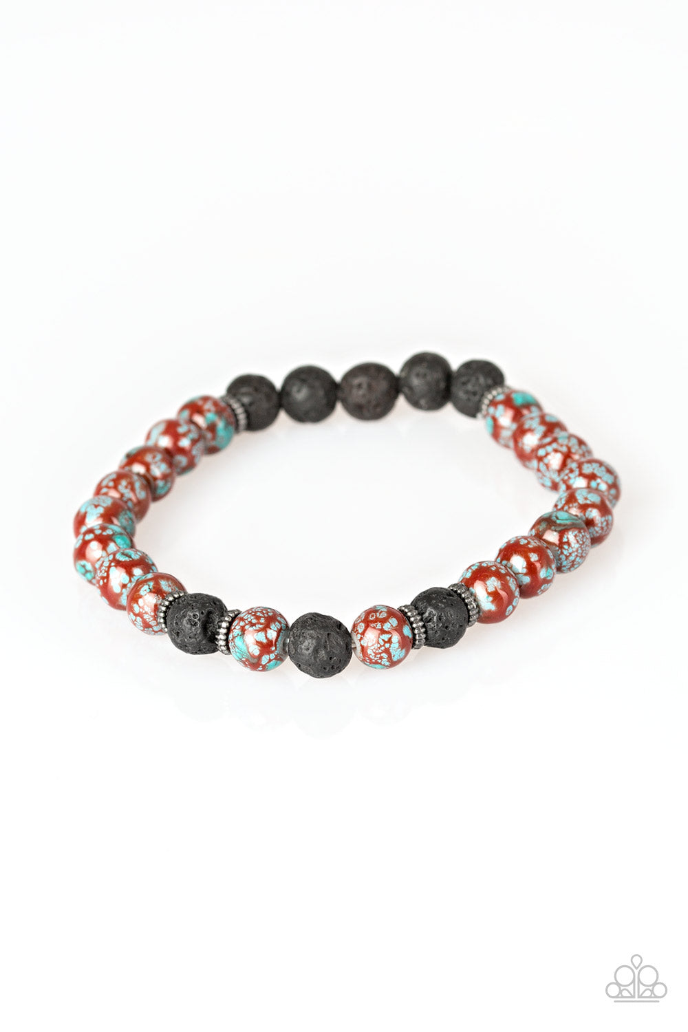 JOY - RED ASIAN POTTERY INSPIRED SPECKLED BEADS BLACK LAVA STRETCH ZEN BRACELET