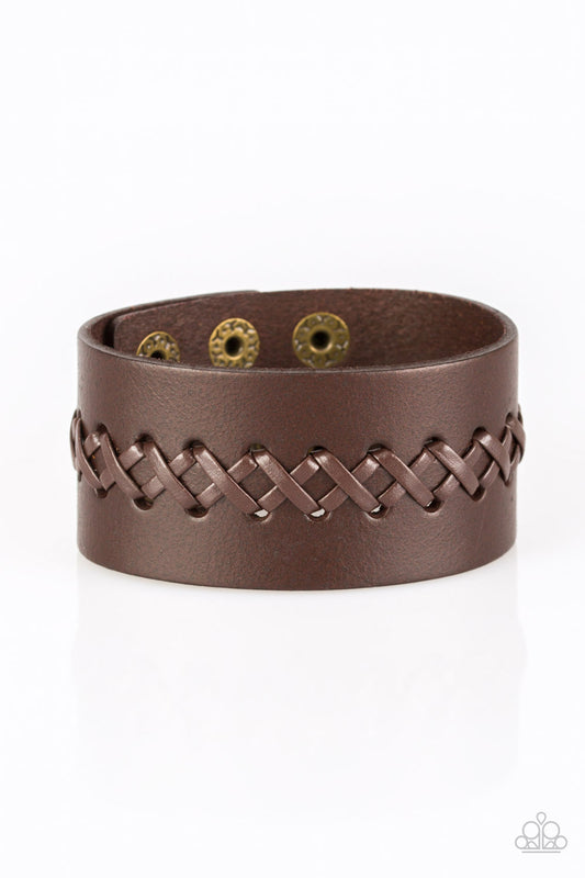 BE A SPORT - BROWN CRISS CROSS STITCHED LEATHER WRAP BRACELET