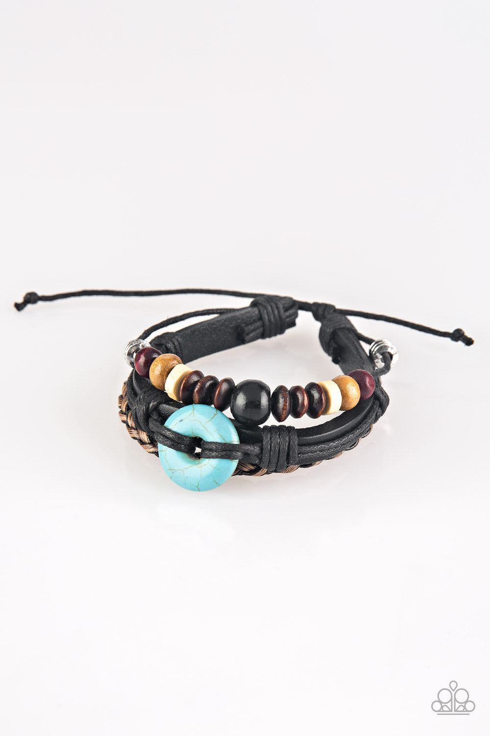ALL OUT ADVENTURE - BLACK LEATHER WOODEN BEADS BLUE TURQUOISE DONUT BRACELET
