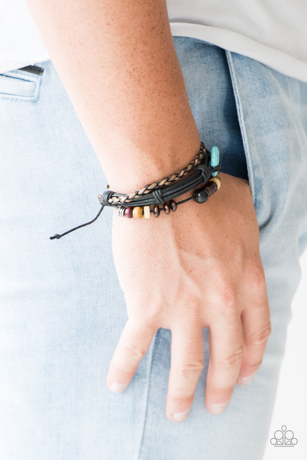 ALL OUT ADVENTURE - BLACK LEATHER WOODEN BEADS BLUE TURQUOISE DONUT BRACELET