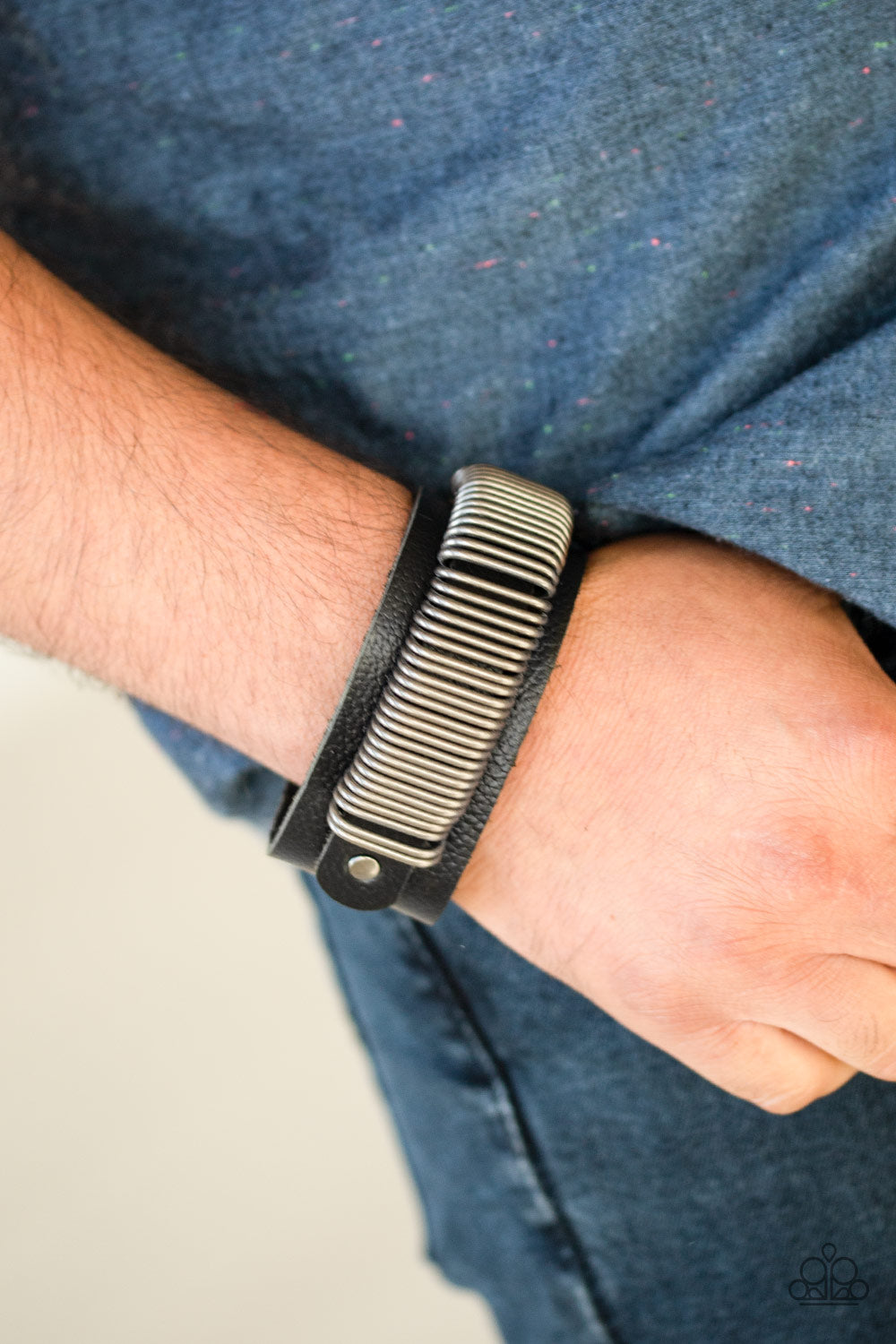 BOONDOCK BANDIT - BLACK LEATHER TITANIUM DIP SILVER RINGS WRAP BRACELET