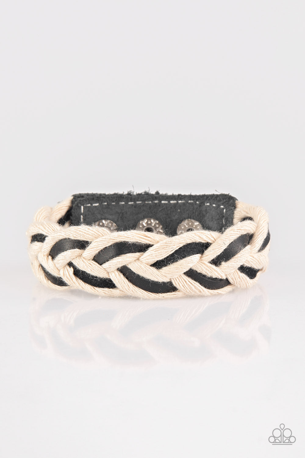 OUTBACK OUTLAW - BLACK LEATHER WHITE TWINE BRAIDED SNAP URBAN MENS UNISEX BRACELET