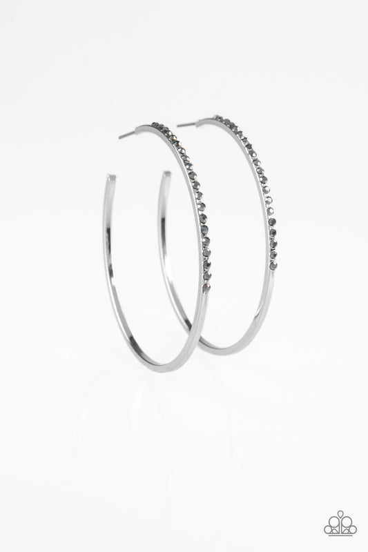 MAKE THE FIERCE MOVE - SILVER HEMATITE RHINESTONES SLIM LARGE HOOP EARRINGS