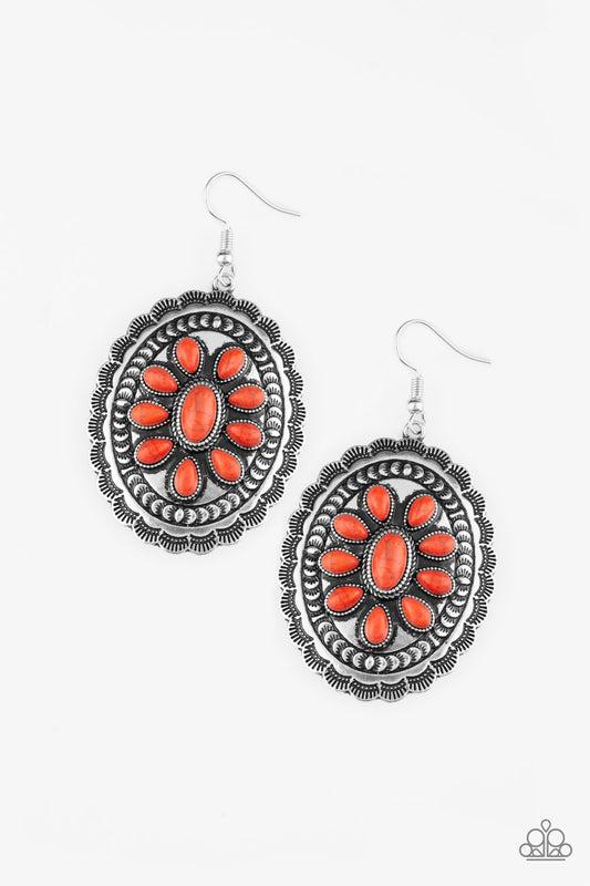 ABSOLUTELY APOTHECARY - ORANGE TURQUOISE OVALS SILVER SCALLOPED FRAME FLORAL EARRINGS