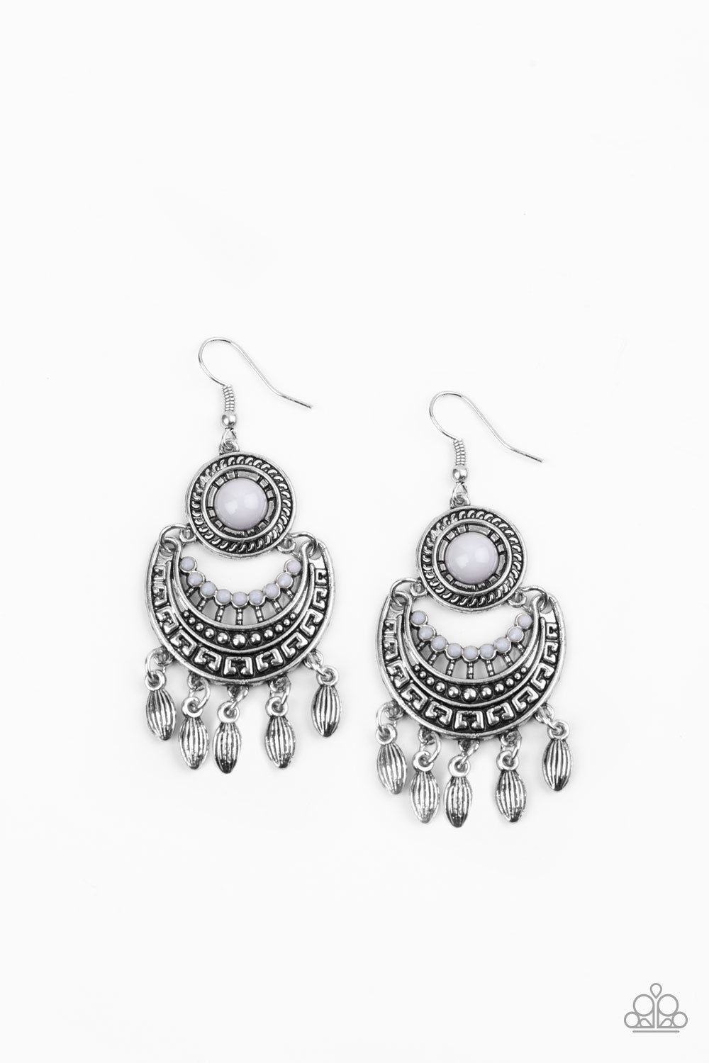 MANTRA TO MANTRA - SILVER GRAY BEADS TRIBAL ETCHED SILVER FRINGE EARRINGS