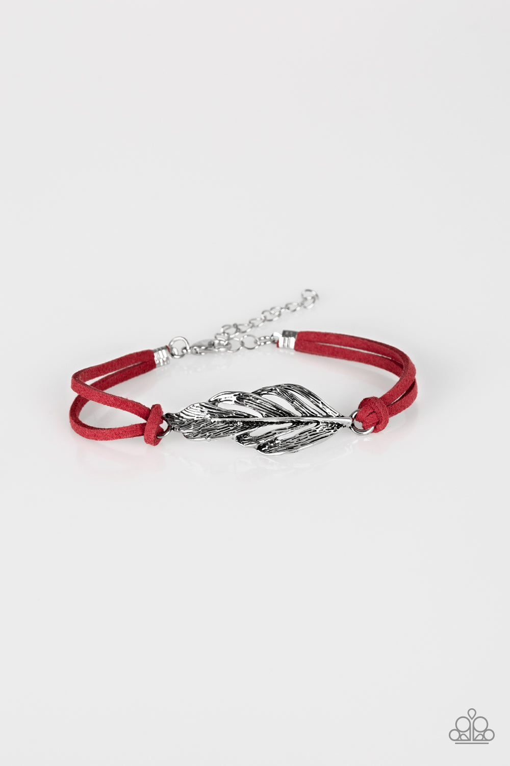 FASTER THAN FLIGHT - RED SUEDE SILVER FEATHER BRACELET
