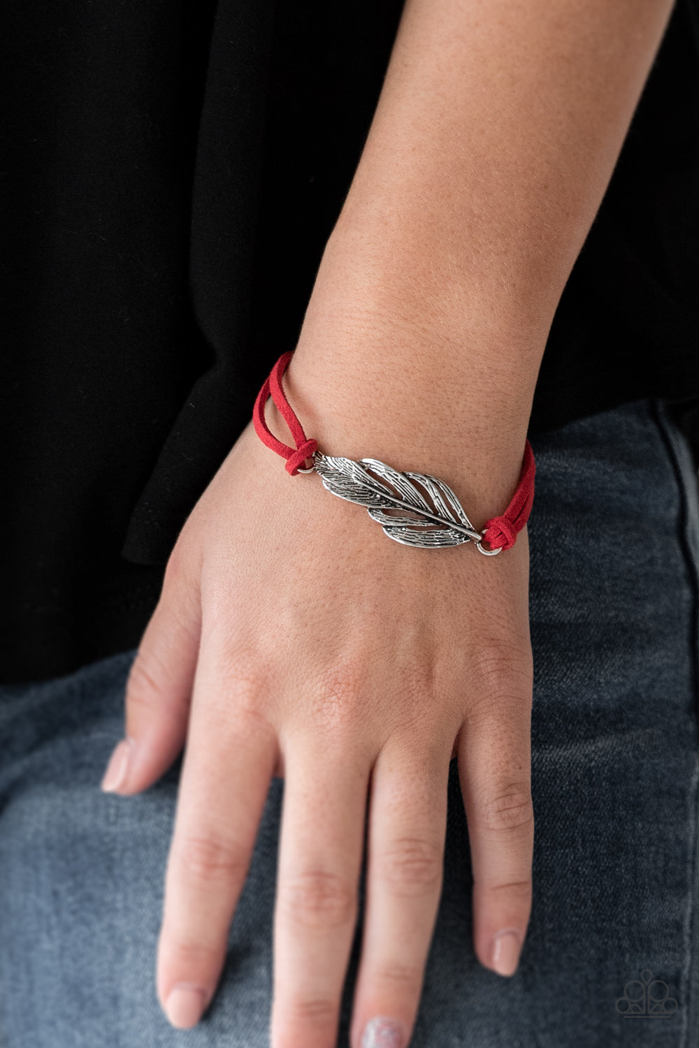 FASTER THAN FLIGHT - RED SUEDE SILVER FEATHER BRACELET