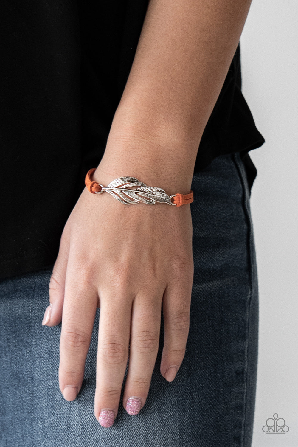 FASTER THAN FLIGHT - ORANGE SUEDE SILVER FEATHER BRACELET