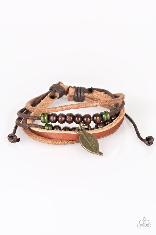NEED MORE NATURE - BROWN LEATHER GREEN WOODEN LEAF CHARM DRAW STRING URBAN BRACELET