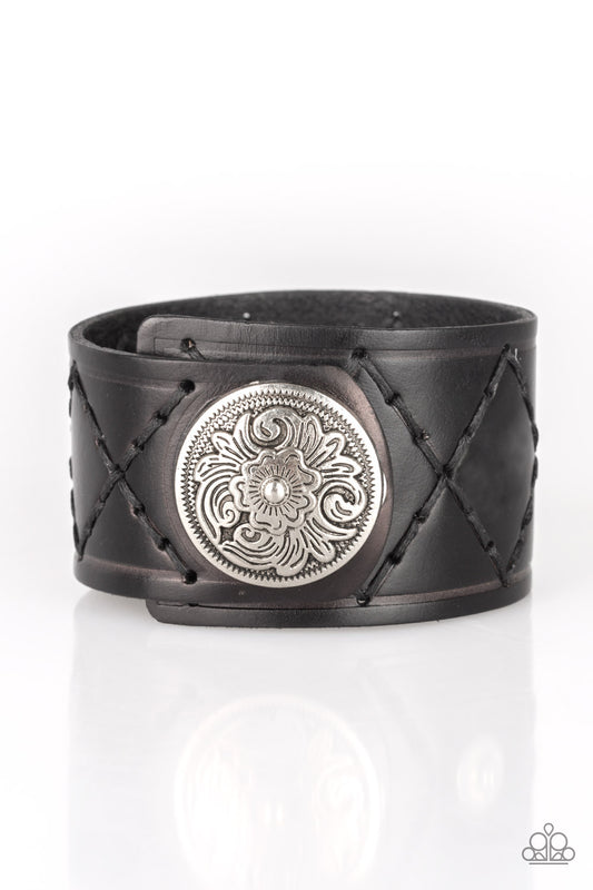 BADLANDS BANDIT - BLACK LEATHER STITCHED SILVER MEDALLION WRAP BRACELET
