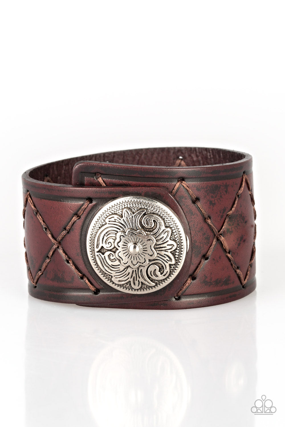 BADLANDS BANDIT - BROWN LEATHER STITCHED SILVER MEDALLION WRAP BRACELET