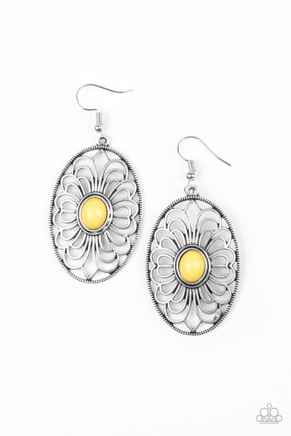 REALLY WHIMSY - YELLOW BEAD FLORAL SILVER WIRE OVAL EARRINGS