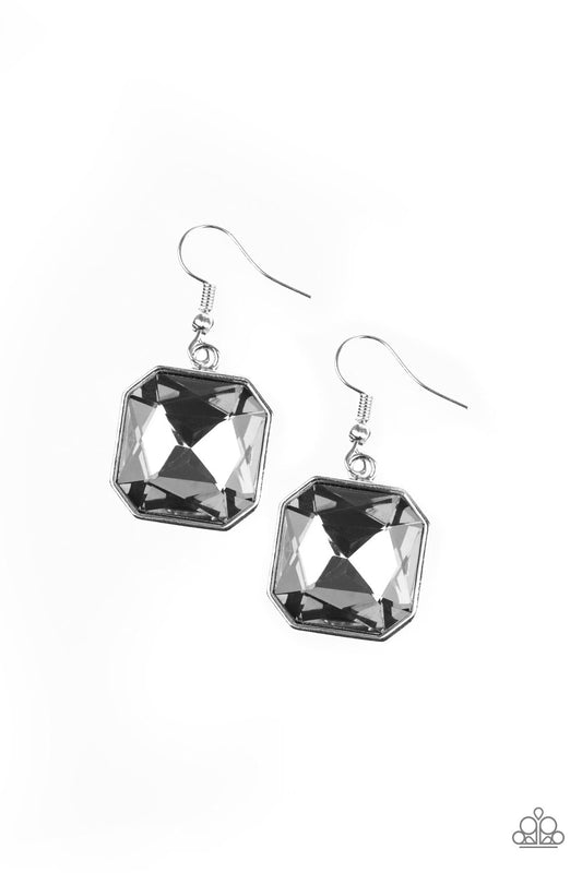 ME, MYSELF, AND IDOL - SILVER SQUARE CUT SMOKY BLACK DIAMOND RHINESTONE SOLITAIRE EARRINGS