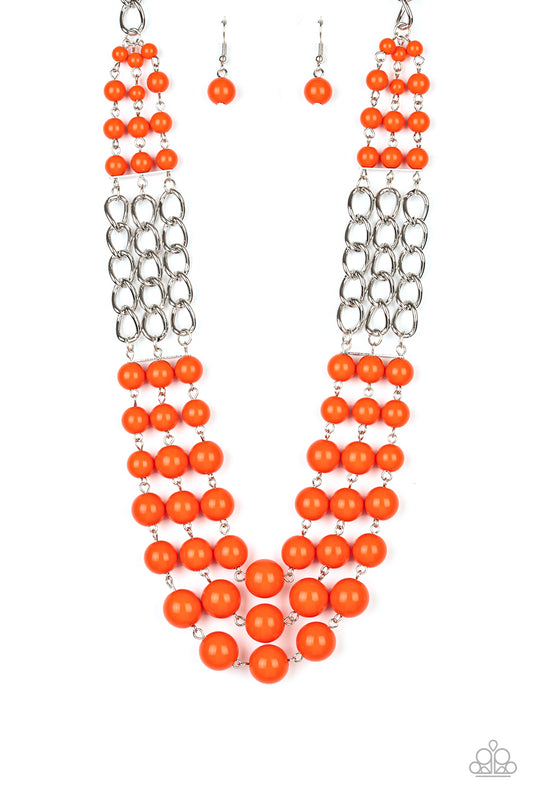 A LA VOGUE - ORANGE BEADS MULTI LAYER SILVER NECKLACE